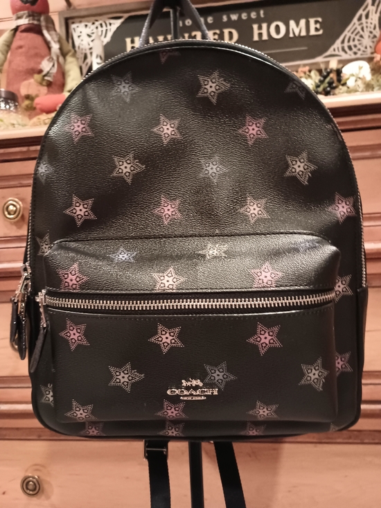 Coach Handbags - COACH Charlie Medium Leather Backpack Black Pink Metallic Star Print F30550